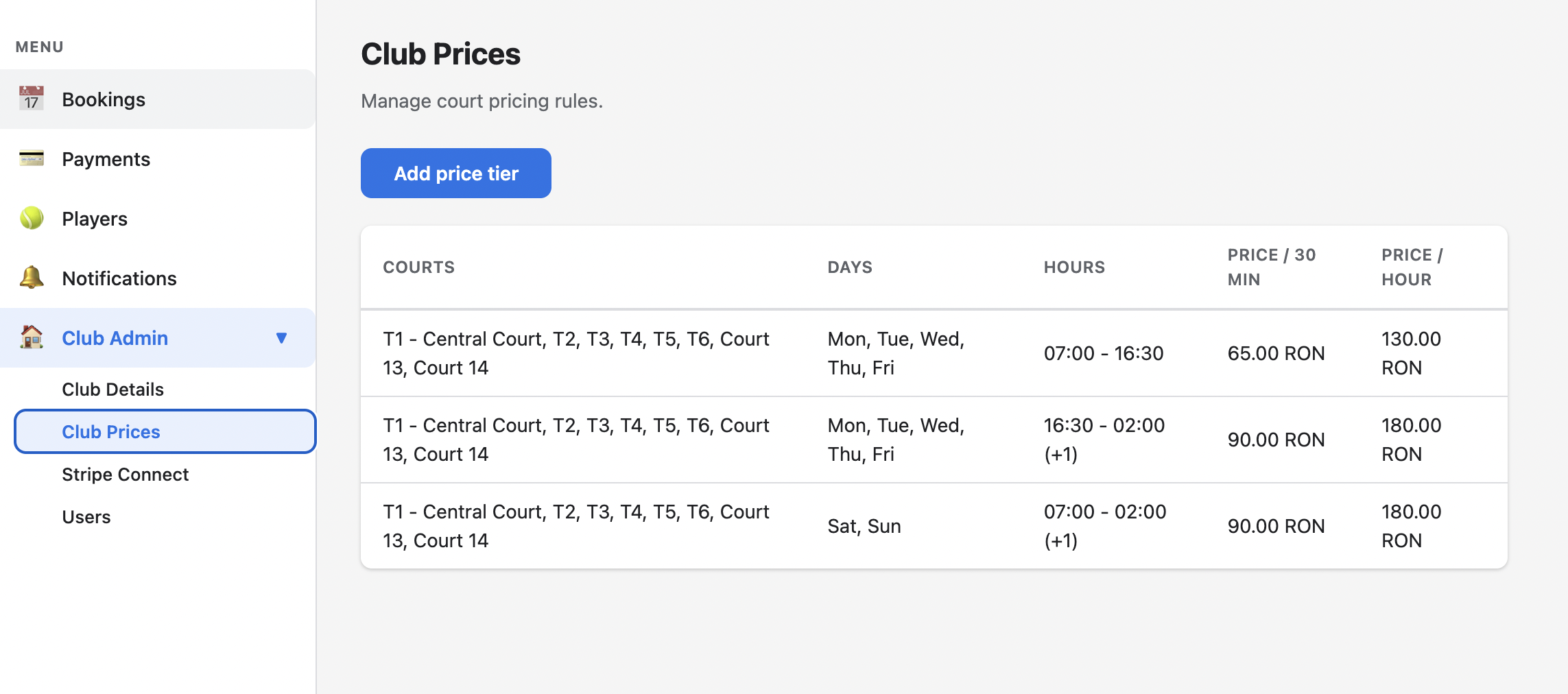 Courtio backoffice dashboard showing club prices, payments, and player management