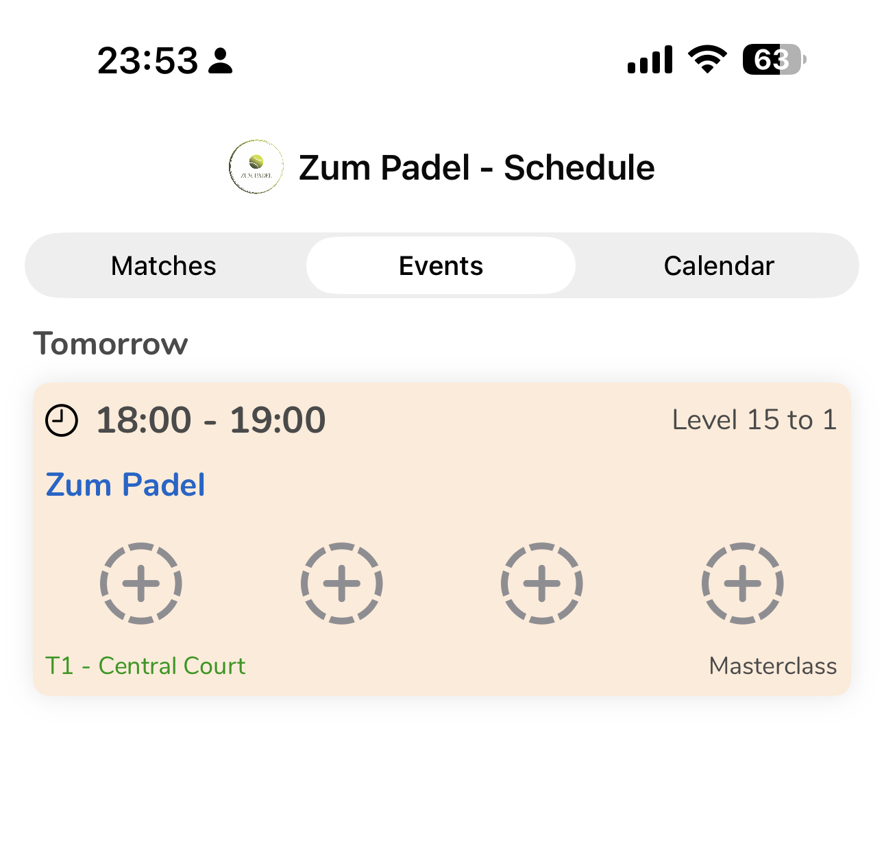 Courtio app showing a masterclass event with level range and open spots