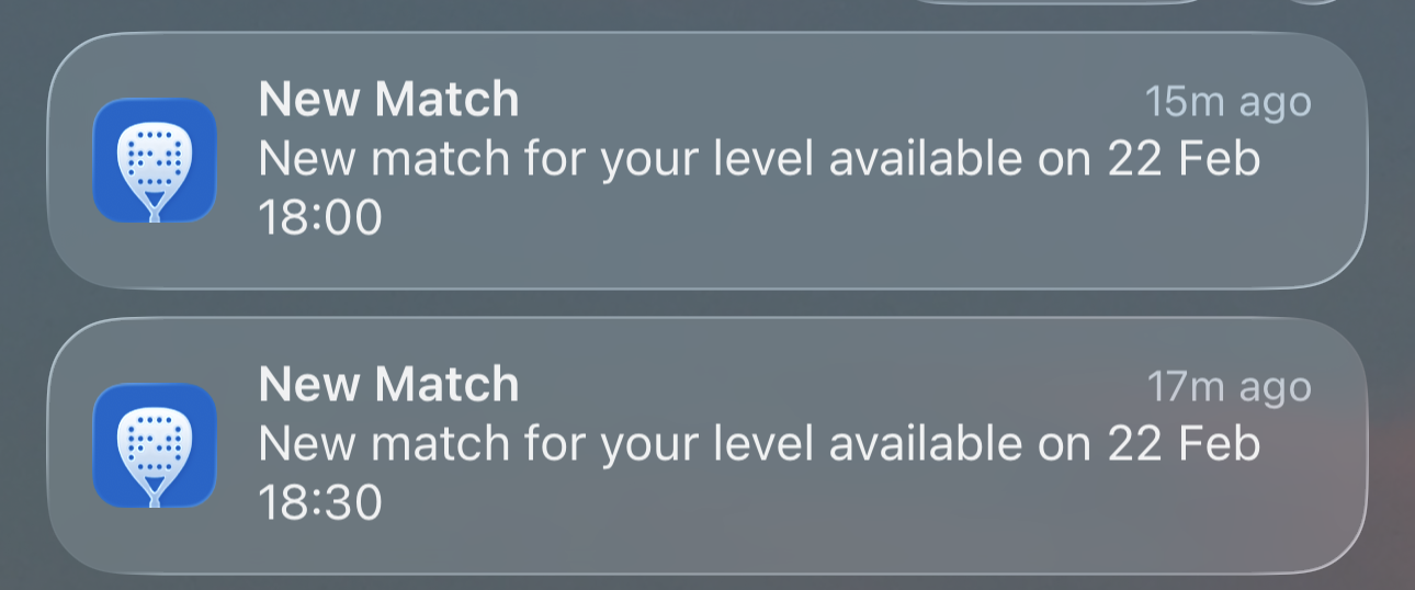 Courtio push notifications alerting players about new matches at their level